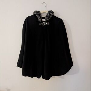LeModa Black Poncho Cape Wrap OSFM  Hood With Faux Fur Trim Fleece Pockets